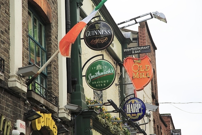 Ireland Beer signs outside The Old Mill pub in Temple Bar area, Dublin city centre, Ireland, Republic of Ireland, Europe, by Ian Murray