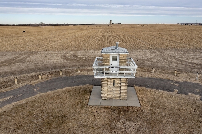 Concordia, Kansas, A guard tower from the World War II prisoner of war camp that held more than 4, 000 German soldiers from 1943-1945. The camp had 308 buildings, but after the war was mostly returned to farm land, by Jim West