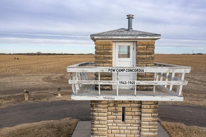 Concordia, Kansas, A guard tower from the World War II prisoner of war camp that held more than 4, 000 German soldiers from 1943-1945. The camp had 308 buildings, but after the war was mostly returned to farm land, by Jim West