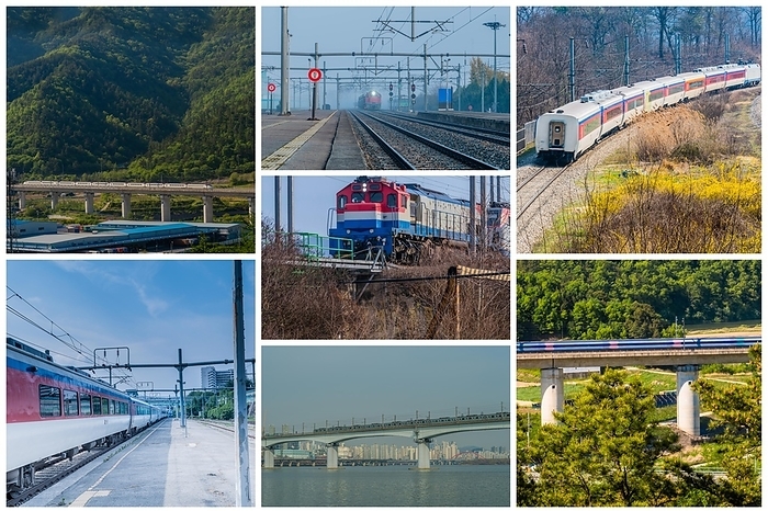 Korea Collage of seven trains with various landscapes used in South Korea s public transportation network, South Korea, Asia, by aminkorea
