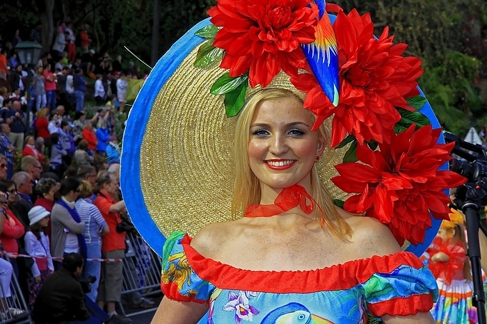 Portrait woman, straw hat with flowers, flower festival, Funchal, Madeira Island, by Klaus Lielischkies