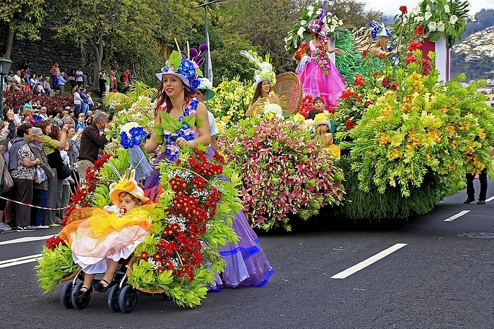 Flower float, flower decoration, pram, people, flower festival, Funchal, Madeira Island, by Klaus Lielischkies