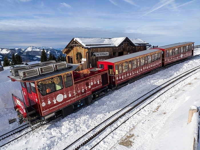 Austria Schafberg cog railway decorated for Christmas on the Schafbergalm, St.Wolfgang, Salzkammergut, Upper Austria, Austria, Europe, by Karl Heinz Schein