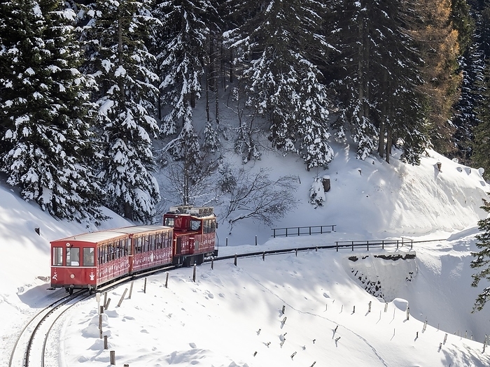 Austria Winter landscape, Schafberg cog railway decorated for Christmas travelling up to the Schafbergalm, St.Wolfgang, Salzkammergut, Upper Austria, Austria, Europe, by Karl Heinz Schein