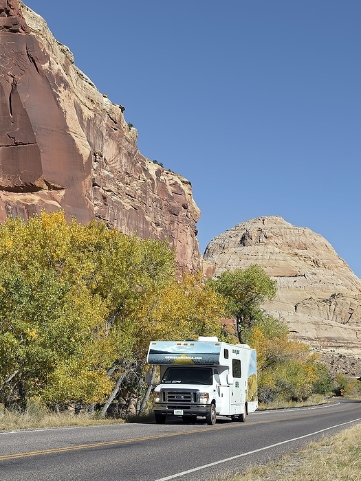America Motorhome driving through canyon on Highway 24, Capitol Reef National Park, Utah, USA, North America, by Daniel Meissner