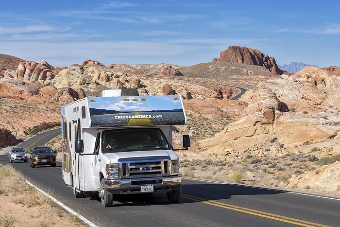 America Motorhome driving on scenic road, Rainbow Vista, Valley Of Fire State Park, Nevada, USA, North America, by Daniel Meissner