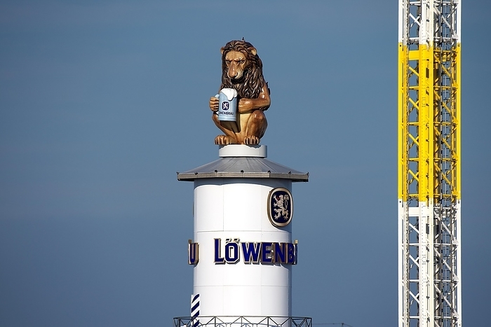 Oktoberfest, afternoon, Lion of the Löwenbräu brewery on the tower of the festival tent, Munich, Bavaria, Germany, Europe, by MAL