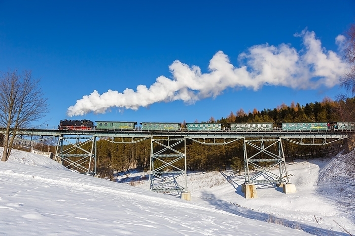 Germany Steam train of the Fichtelbergbahn railway Steam locomotive on a bridge in winter in Oberwiesenthal, Germany, Europe, by Markus Mainka