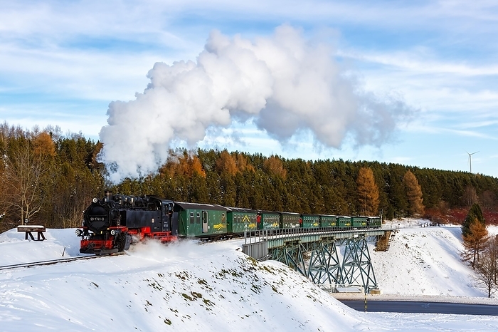 Germany Steam train of the Fichtelbergbahn railway Steam locomotive on a bridge in winter in Oberwiesenthal, Germany, Europe, by Markus Mainka