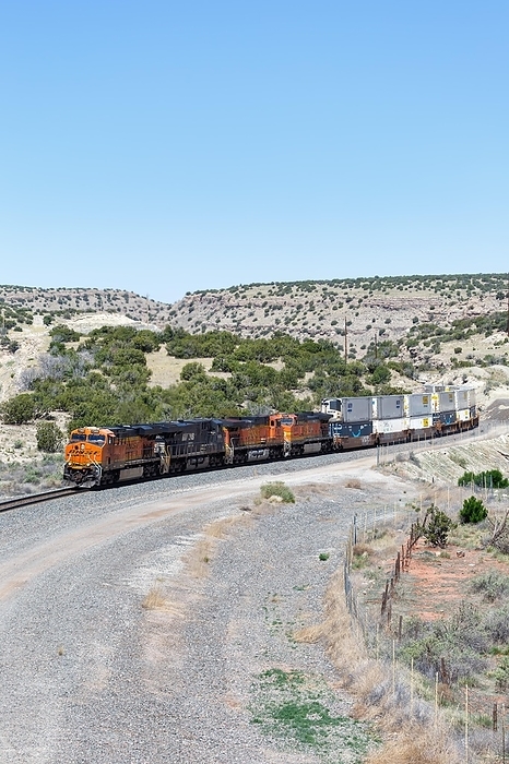 America Goods train of BNSF Railway with containers train railway railway at Abo Pass in New Mexico, USA, North America, by Markus Mainka