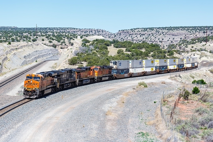 America Goods train of BNSF Railway with containers train railway railway at Abo Pass in New Mexico, USA, North America, by Markus Mainka