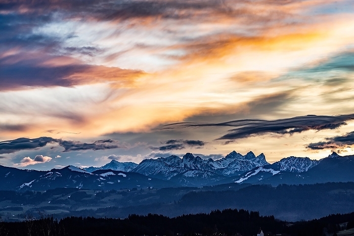Germany Sunrise in winter over the snow covered Allg u Alps, on the right the Kellenspitze, the Gimpel and the Rote Fl h in the Tannheimer Tal, Allg u  Bavaria, Germany , Tannheimer Tal Austria, by alimdi   Reinhold Ratzer