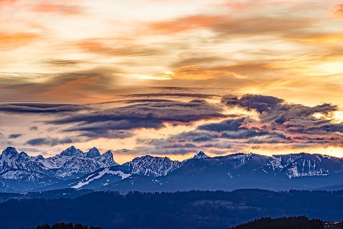 Germany Sunrise in winter over the snow covered Allg u Alps, on the left the Kellenspitze, the Gimpel and the Rote Fl h in the Tannheimer Tal, Allg u  Bavaria, Germany , Tannheimer Tal Austria, by alimdi   Reinhold Ratzer