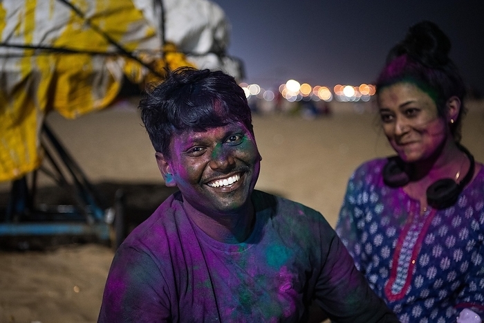 India Young people, Holi Festival, Indian spring festival, traditional festival of colours, Marina Beach, Chennai, Tamil Nadu, India, Asia, by Olaf Kr ger