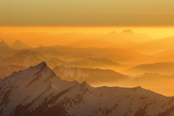 Switzerland Golden sunset in winter with view from S ntis to Pilatus in Central Switzerland, Appenzell, Switzerland, Europe, by Patrick Frischknecht
