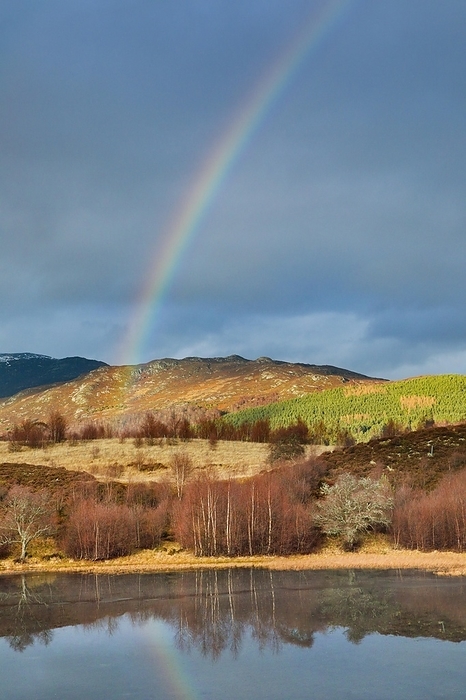 Scotland Atmospheric cloudy sky with rainbow over mountainous, partly wooded Highlands in the west of Scotland, with red branched birch trees at the edge of a loch covered with ice floes, winter near Contin, Great Britain, by Patrick Frischknecht