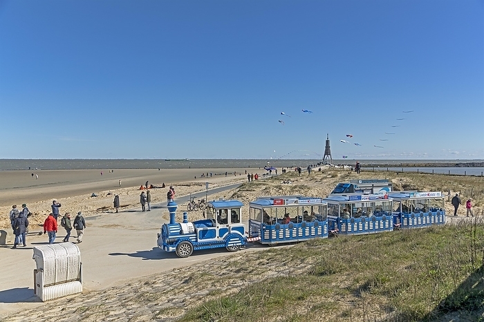 Germany Jan Cux Beach, beach, people, beach chair, flying kites, Kugelbake, North Sea, Elbe, Cuxhaven, Lower Saxony, Germany, Europe, by Siegfried Kuttig
