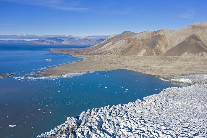 Aerial view over Recherchebreen, glacier in Wedel Jarlsberg Land which debouches into Recherche Fjord at Spitsbergen, Svalbard, by alimdi / Arterra