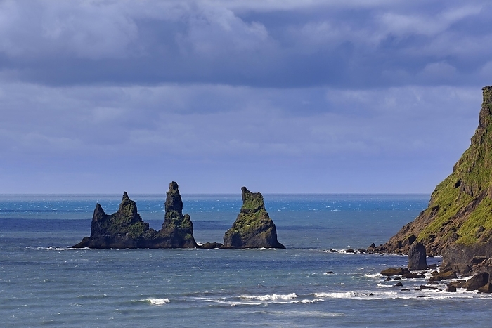 Iceland Reynisdrangar, basalt sea stacks near the village V k   M rdal in summer, southern Iceland, by alimdi   Arterra