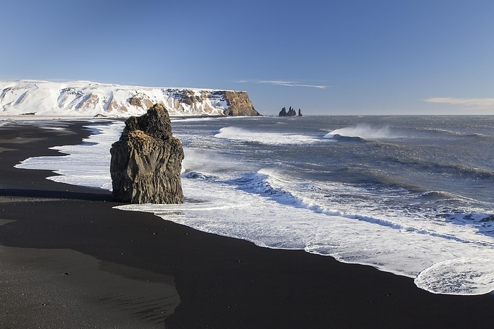 Iceland Arnardrangur, Eagle rock, basalt sea stack on the Black sand beach Reynisfjara near V k   M rdal, Iceland, Europe, by alimdi   Arterra