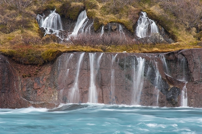 Iceland Hraunfossar, series of waterfalls pouring into the Hv t  river in winter, Vesturland, Borgarfj r ur, western Iceland, by alimdi   Arterra