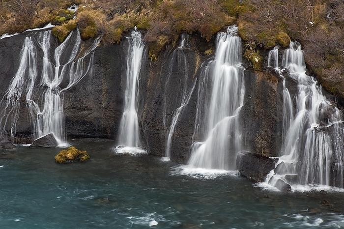 Iceland Hraunfossar, series of waterfalls pouring into the Hv t  river in winter, Vesturland, Borgarfj r ur, western Iceland, by alimdi   Arterra
