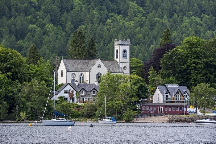 Scotland Kenmore Parish Church and sailing boats in Loch Tay, Perth and Kinross, Perthshire in the Highlands of Scotland, UK, by alimdi   Arterra