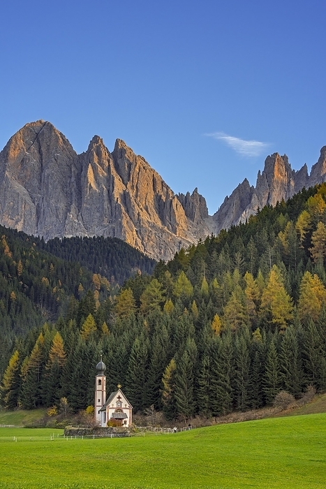 Italy Ranui s Church of San Giovanni, St. John, Sankt Johan in front of the Odle Group in autumn, Val di Funes, Villn ss Valley, Dolomites, Tyrol, Italy, Europe, by alimdi   Arterra