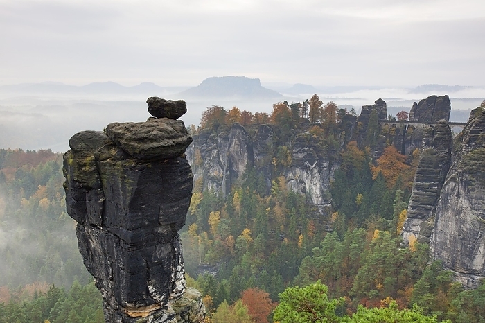 Germany View over the rock tower Wehlnadel and the valley Wehlgrund in autumn, Saxon Switzerland, S chsische Schweiz, Saxony, Germany, Europe, by alimdi   Arterra   Sven Erik Arndt