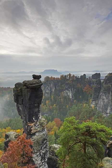 Germany View over the rock tower Wehlnadel and the valley Wehlgrund in autumn, Saxon Switzerland, S chsische Schweiz, Saxony, Germany, Europe, by alimdi   Arterra   Sven Erik Arndt