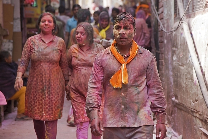 India Pelgrims dyed in red celebrating the Holi festival in Vrindavan, Uttar Pradesh, India, Asia, by alimdi   Arterra   Marica van der Meer