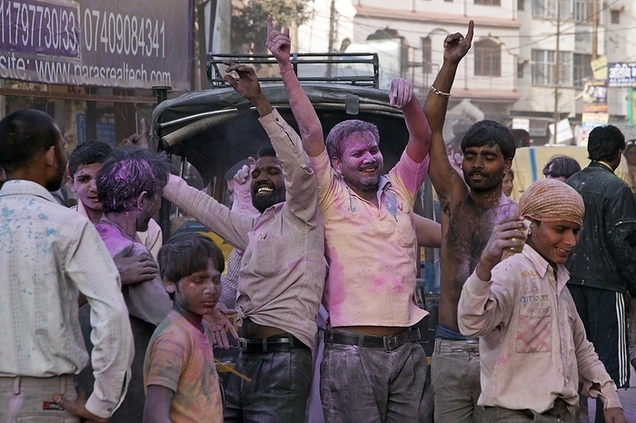 India Men covered in pink dye celebrating the Holi festival, Festival of Colours in Vrindavan, Uttar Pradesh, India, Asia, by alimdi   Arterra   Marica van der Meer