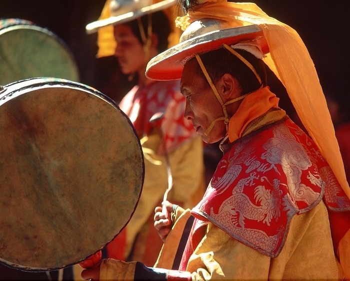 Nepal Musician monks at Mane Rimdu festival, Thyangboche, Nepal, Asia, by Klaus Steinkamp