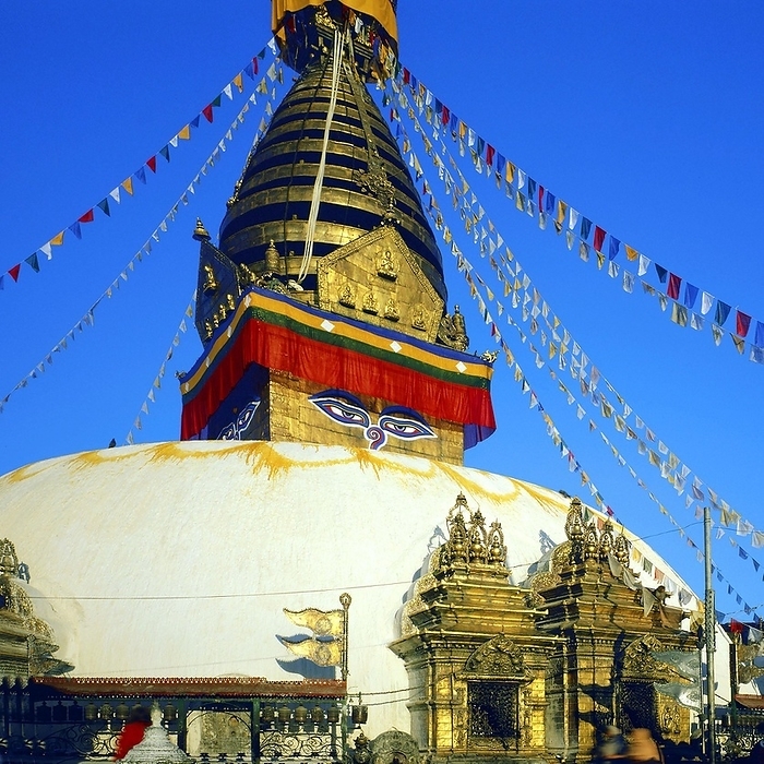 Nepal The stupa at Swayambunath, Kathmandu, Nepal. The sacred hilltop of Swayambu is celebrated by several religions but is primarily a Buddhist site, and the Buddha himself is believed to have preached there, by Klaus Steinkamp