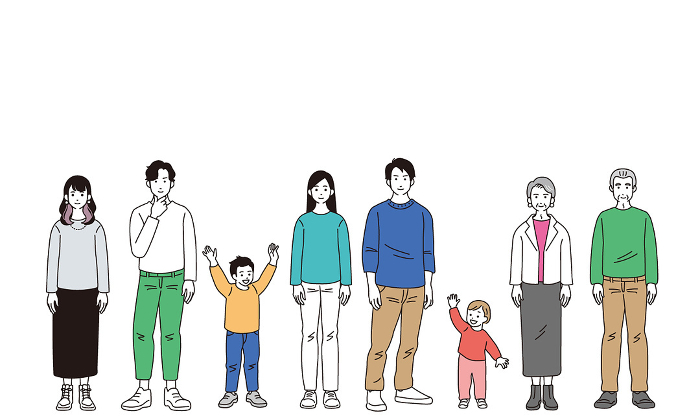 Simple illustrations of people of various generations