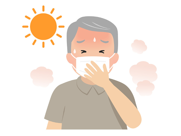 Vector illustration of senior man with mask heat stroke