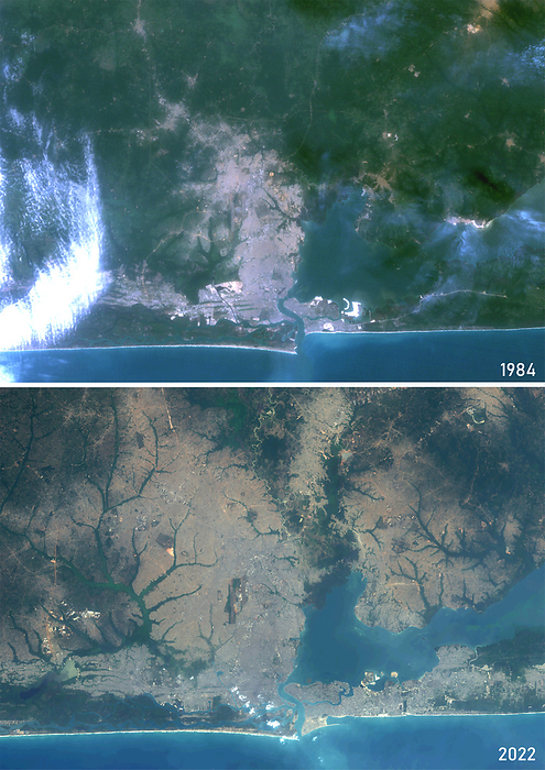 Lagos, Nigeria in 1984 and 2022 Color satellite image of Lagos, Nigeria in 1984 and 2022., by Planet Observer Universal Images Group