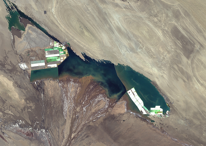 Dongtai Salt Lakes, Qinghai, China and Lithium Extraction in 2022 Color satellite image of Dongtai Salt Lakes, Qinghai, China in 2022, showing lithium brine extraction and evaporation ponds., by Planet Observer Universal Images Group