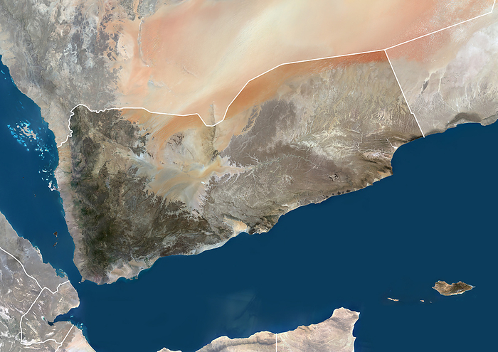 Yemen with borders and mask Color satellite image of Yemen, with borders and mask., by Planet Observer Universal Images Group