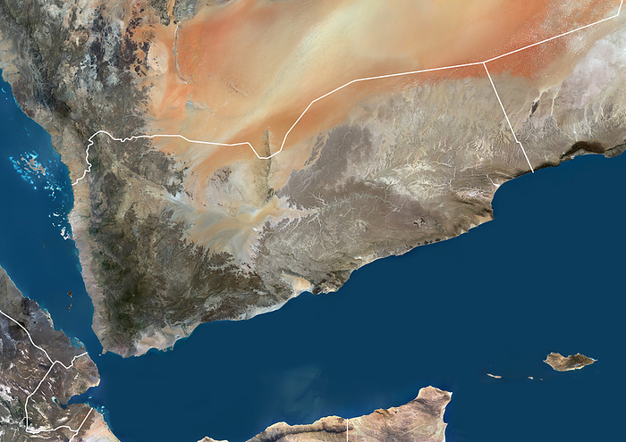 Yemen with borders Color satellite image of Yemen and neighbouring countries, with borders., by Planet Observer Universal Images Group