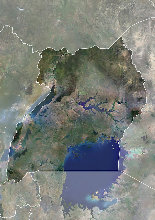 Uganda with borders and mask Color satellite image of Uganda, with borders and mask., by Planet Observer Universal Images Group