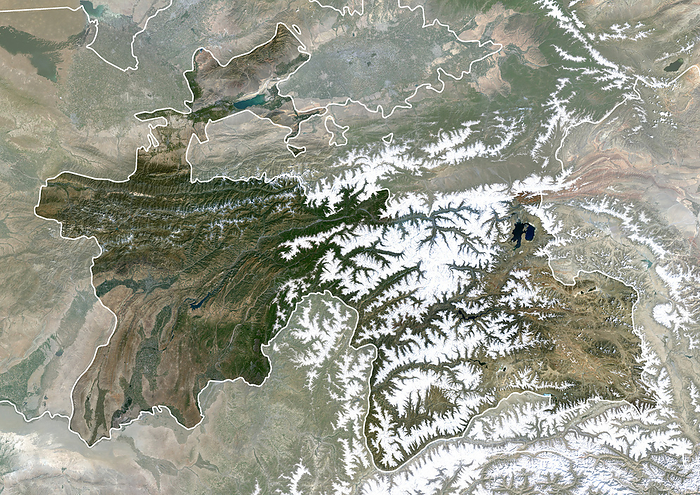 Tajikistan with borders and mask Color satellite image of Tajikistan, with borders and mask., by Planet Observer Universal Images Group