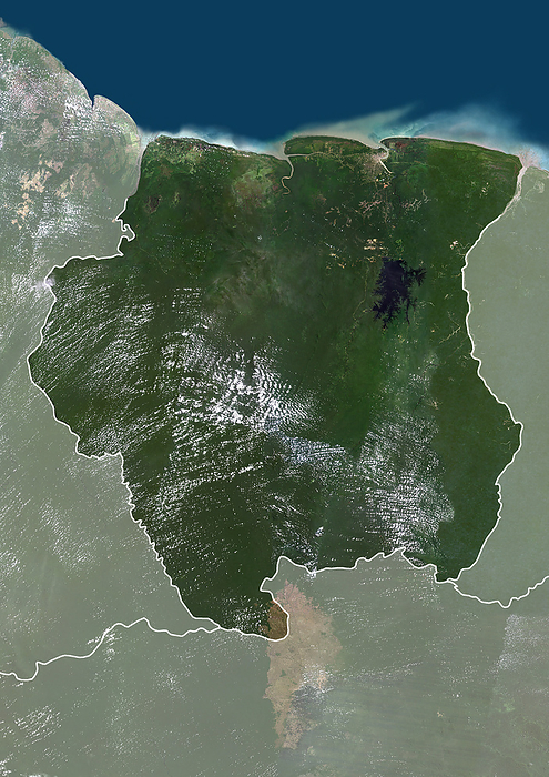 Suriname with borders and mask Color satellite image of Suriname, with borders and mask., by Planet Observer Universal Images Group
