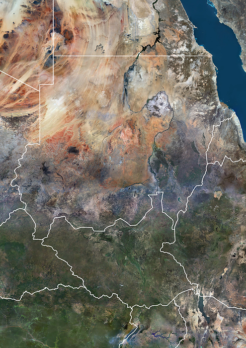 Sudan and South Sudan with borders Color satellite image of Sudan, South Sudan and neighbouring countries, with borders., by Planet Observer Universal Images Group