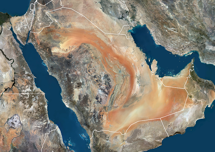 Saudi Arabia with borders Color satellite image of Saudi Arabia and neighbouring countries, with borders., by Planet Observer Universal Images Group