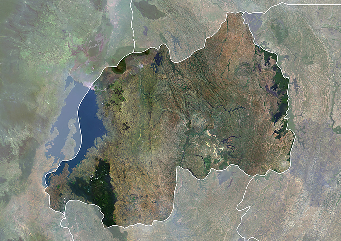 Rwanda with borders and mask Color satellite image of Rwanda, with borders and mask., by Planet Observer Universal Images Group