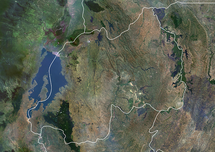 Rwanda with borders Color satellite image of Rwanda and neighbouring countries, with borders., by Planet Observer Universal Images Group