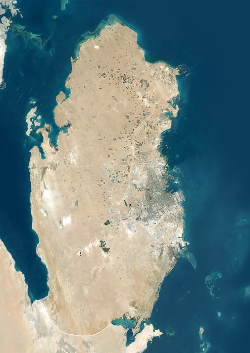 Qatar with borders and mask Color satellite image of Qatar, with borders and mask., by Planet Observer Universal Images Group