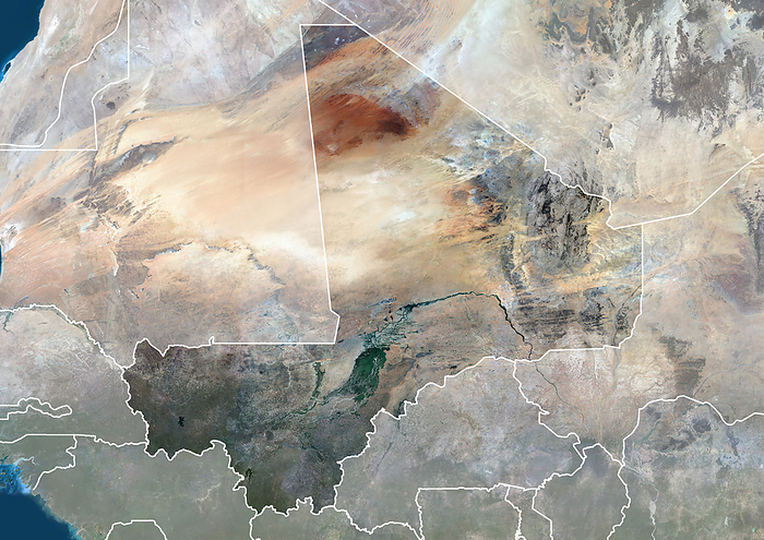 Mali with borders and mask Color satellite image of Mal, iwith borders and mask., by Planet Observer Universal Images Group