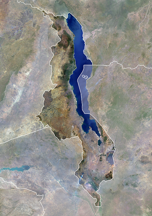 Malawi with borders and mask Color satellite image of Malawi, with borders and mask, by Planet Observer Universal Images Group
